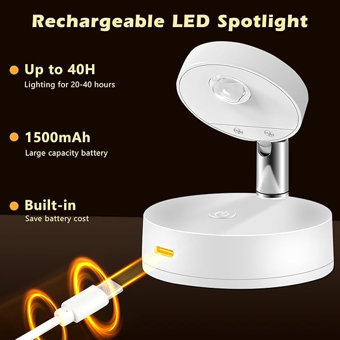 2 Pack Rechargeable LED Spotlight for Indoor, Wireless RGB Spot Light with Remote, Magnetic Picture Battery Operated Lamp, Ceiling Uplight Puck Lights with Rotatable Head for Plant Portrait Artwork