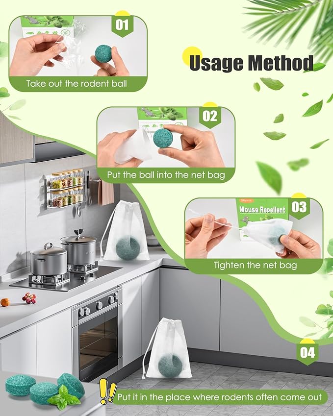 Rodent Repeller, 24 Packs Mouse Trap Peppermint Oil Spray for Mice, Indoor & Outdoor Use, Safe for Humans & Pets, Pest Control Moth Balls, Spider Defense, Car Engine & Home Protection