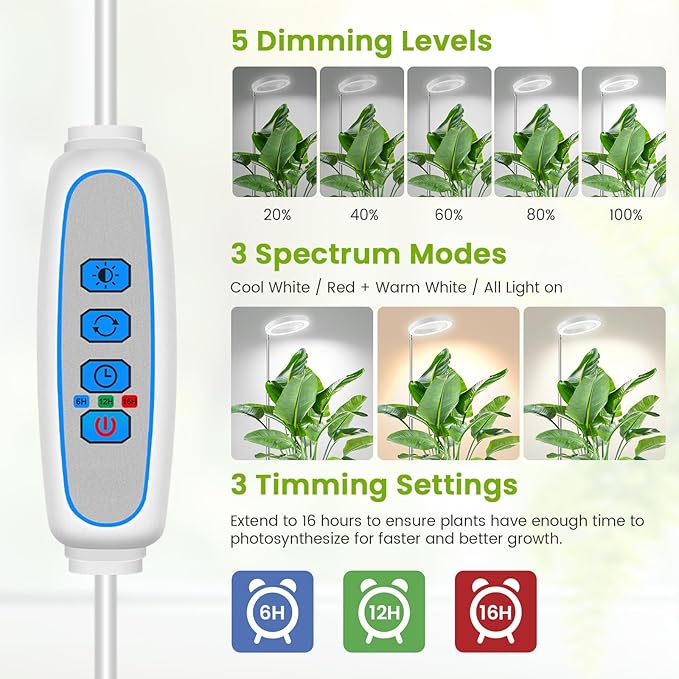 Kullsinss White Grow Light, Full Spectrum LED Plant Lights for Indoor Growing with 6/12/16H Timer, 3 Color Modes, 5 Brightness, 10"-65" Height Adjustable Plant Grow Lamp for Large Indoor Plants