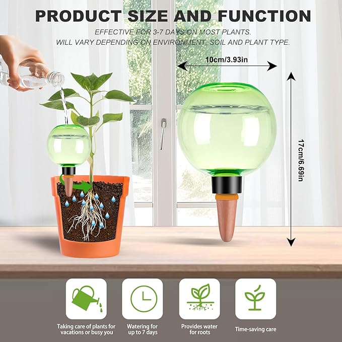 6 Pack Self Watering Globes 17oz Large Plant Watering Globes Top Fill, Self Water Planter Insert Indoor/Outdoor Plastic Water Bulbs Slow Release Terracotta for Plants, Green