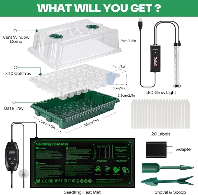 Seed Starter Tray with Grow Light & Heating Mat, Digital Temperature Control, 40-Cell Seed Starter Kit with Humidity Dome, Reusable Seed Starter for Indoor Planting Seeds