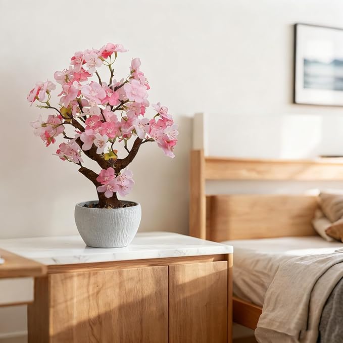 TOARTi Artificial Pink Cherry Blossom Potted Plant with Stone Pot, 13.4" Tall Fake Flowers Faux Plant Desk Decor, Realistic Decorative Plants Indoor Decor for for Home Bedroom Bathroom Office Desk