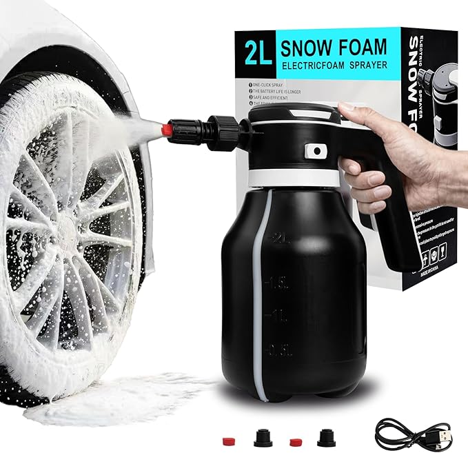 Electric Foam Sprayer for Thick Rich Foam, 2L Cordless Portable - Professional Pressurized Foam Cannon for Car Wash & Detailing, Rechargeable with Long Lasting Battery Black