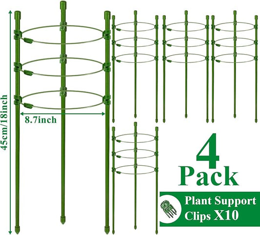 Legigo 4 Pack 18 Inch Plant Support Cages Tomato Cage for Garden- Small Plant Cages Adjustable Rings, Tomato Plant Support Stakes Trellis for Pots, Peppers, Cucumbers and Flowers with 10 Plant Clips