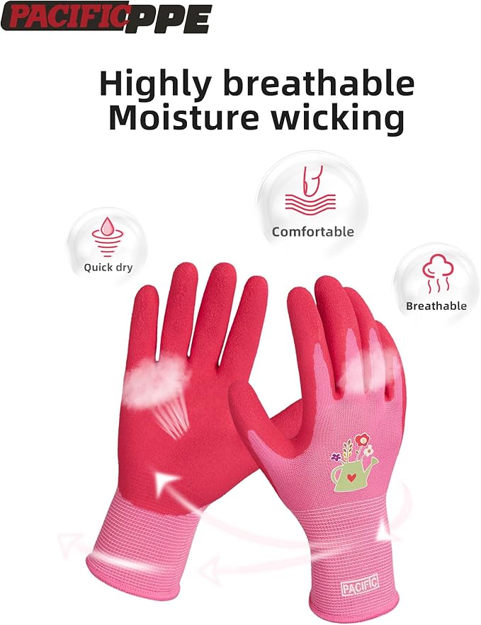 PACIFIC PPE 6 Pairs Gardening Gloves for women, Latex Coated Garden Gloves, Breathable, Medium Size fits Most, Rose Red