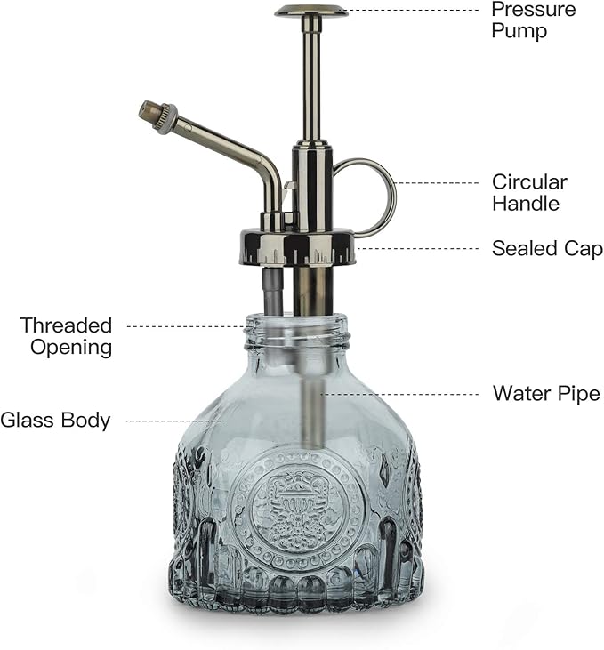T4U Glass Plant Mister 200ML, Vintage Spray Bottle with Top Pump Fine Mist Garden Flower Sprayer Small Decorative Spritzer Watering Can Gift for Indoor Outdoor Succulent House Plant (Grey)