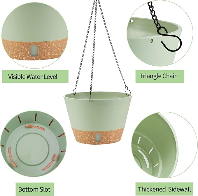 2 Pack Hanging Planters, 10 inch Indoor Outdoor Hanging Plant Pot Basket, Hanging Plastic Flower Pot with Drainage Hole with Removable Tray&Hooks for Hanging Plants,Green