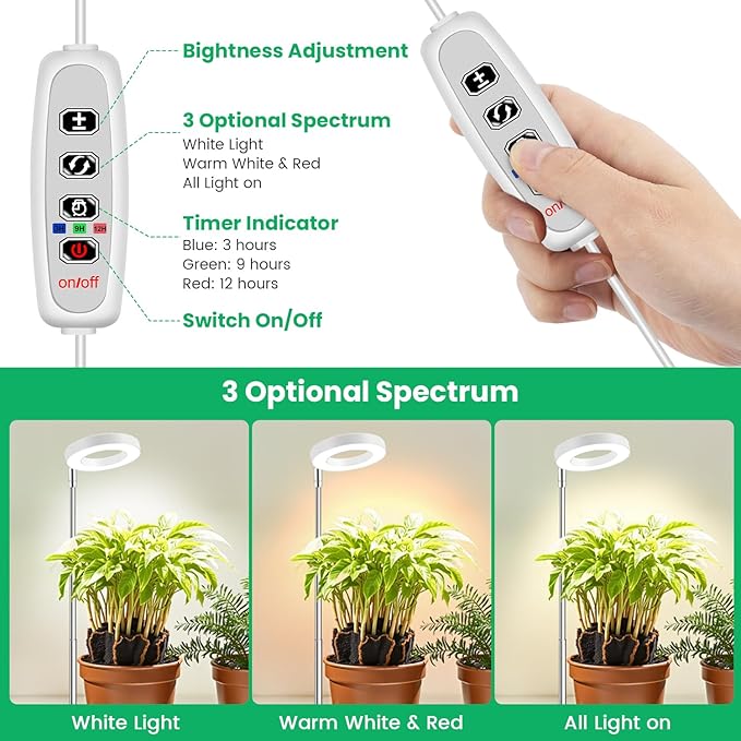 Aokrean Grow Lights for Indoor Plants,Full Spectrum Plant Lights for Indoor Growing with 3/9/12H Timer, 3 Color Modes, 10 Brightness, 6.5"-26" Height Adjustable Small Grow Light, 2 Pack(3.4in)