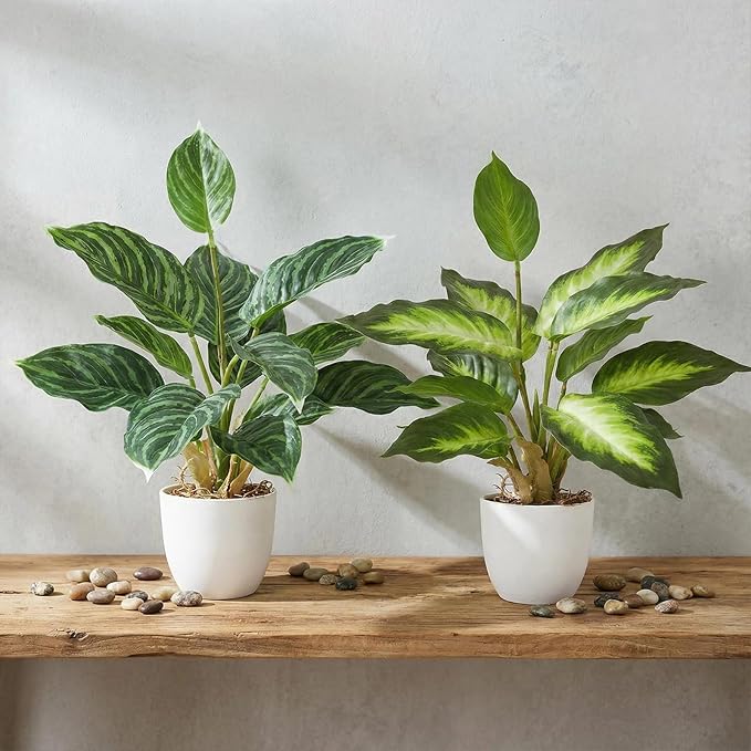 2 Pack Artificial Potted Plants, 16" Fake Plants Indoor in White Pots for Home Bathroom, Office Desk, Shelf - Realistic Faux Greenery Desk for Living Room, Kitchen, Farmhouse Decor