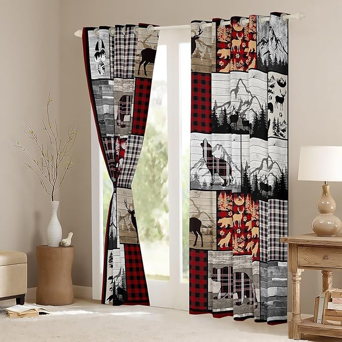 Feelyou Kids Plaid Deer Elk Bear Wolf Curtains Room Decor Rustic Cabin Farm Forest Camping Hunting Blackout Curtain Boys Farm Forest Darkening Drapes Farmhouse Window Treatment, 2 Panels 38 x 45 Inch
