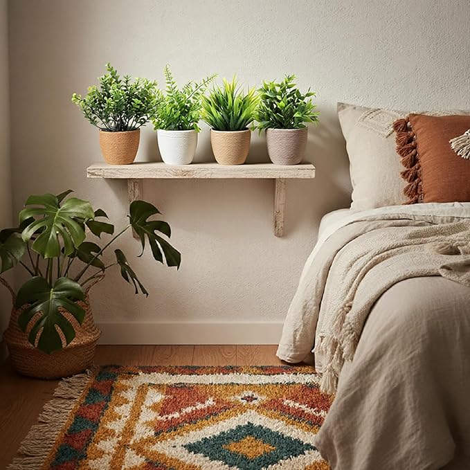 Suncalla 4 Pcs Small Woven Artificial Plants Boho Potted Fake Plants Mini Plastic Faux Eucalyptus 8.7" Greenery Indoor Farmhouse Bathroom Decor Pflanze Waterproof for Home Office Table Room Decor Gift