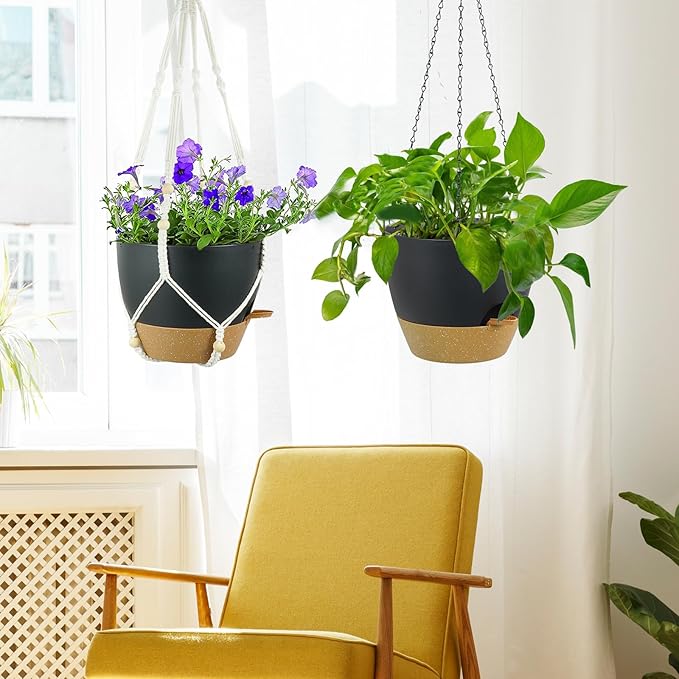 Meowell 10 inch Self Watering Hanging Planters, 2 Pack Hanging Flower Pots for Indoor Outdoor Plants, Hanging Baskets with Drainage Holes & 2 Kinds of Plant Hangers for Garden Home Decor, Black Brown