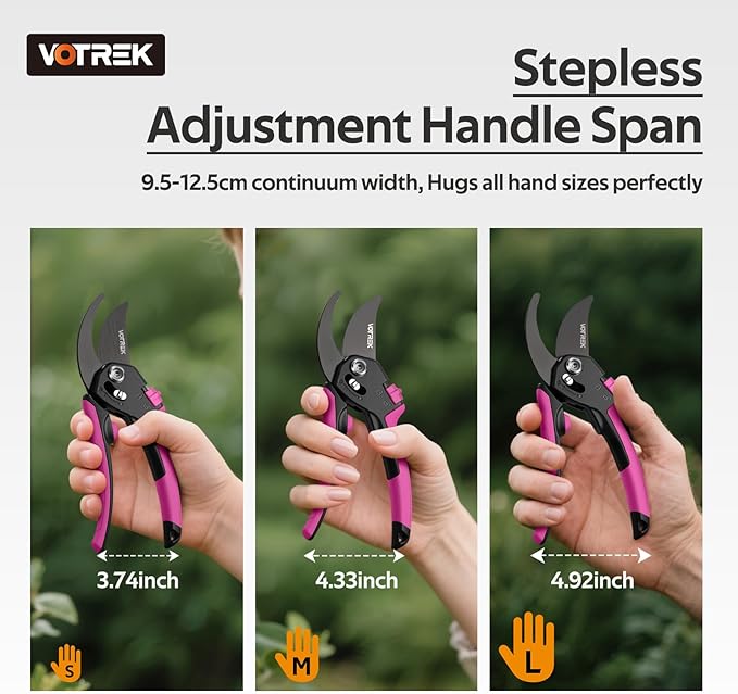 VOTREK® Pruning Shears for Gardening, [Patented Stepless Handle Opening] - Garden Scissors with Ultra-Sharp SK5 Steel for Weak Hand, Fit for All Hand Sizes, Bonsai Scissor Cuts 1-Inch Branches
