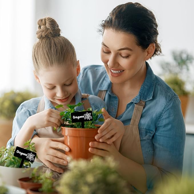JarThenaAMCS 24Pcs Acrylic Plant Label Signs 12 Styles Spring Summer Garden Herb Markers Black Waterproof Reusable T-Type Tags Plant Stake Tags with Names for Nursery Indoor Outdoor Garden Decor