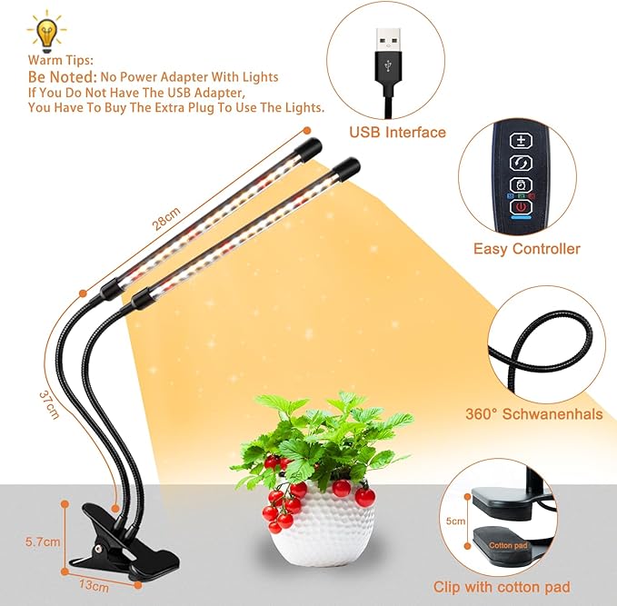 SDOVUERC Grow Lights for Indoor Plants, Full Spectrum LED Plant Lamps with Clips and 3m Cables for Seeding Growing(2 Pack)