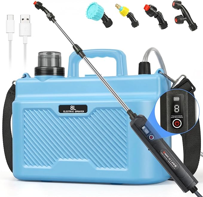 Battery Powered Sprayer 2 Gallons: Features Three-Speed Settings, Battery Indicator, Four Atomizing Nozzles, and an Extendable Spray Wand—Ideal for Backyard Lawn and Garden Tasks