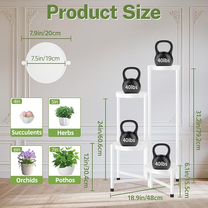 iDavosic.ly Plant Stand Indoor Outdoor, 4 Tier Corner Metal Flower Display Holder Shelf, Folding Tall Orchid Rack for Patio Balcony Porch Garden Living Room House, White