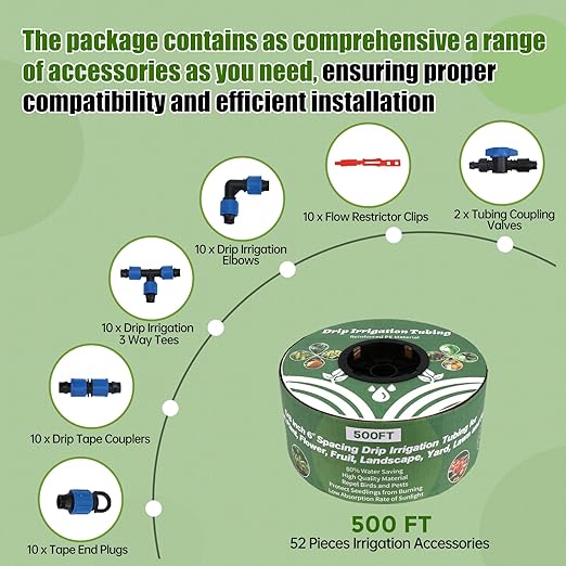 500FT 5/8" Drip Tape Irrigation Kit, 16 Mil Heavy Duty with 6" Emitter Spacing, Silver Reflective Drip Tape Helps Prevent Pecking & Biting Damage, Heat-Safe for Seedlings, Reinforced PE Material