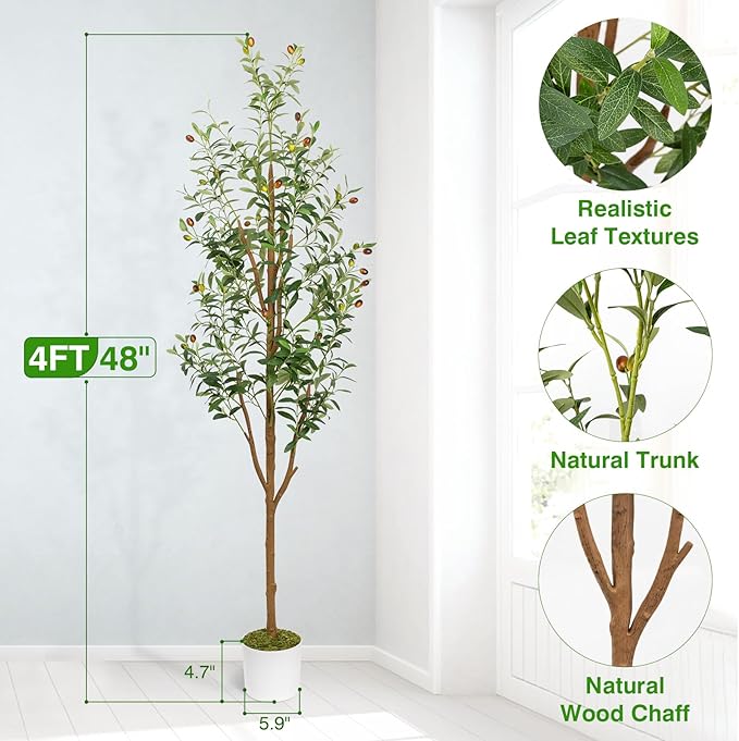 4FT Artificial Olive Tree - Indoor Tall Faux Olive Trees with Planter&Basket, Large Fake Olive Silk Tree Realistic Olive Plants with Branches and Fruits for Home Decor Office Living Room