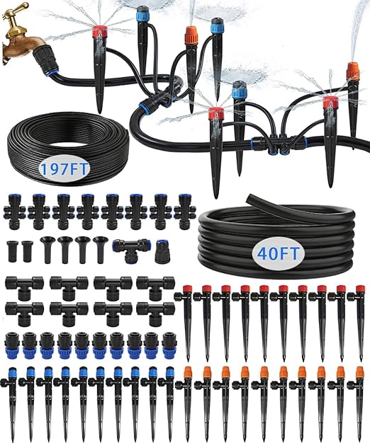 Fast-Lock Drip Irrigation System Kit for Garden Watering with 40 Adjustable Nozzles, All Quick Connect Easy-Connect Irrigation Kit with 1/2" & 1/4" Tubing, for Greenhouse, Lawn, Pots (40FT + 197FT)