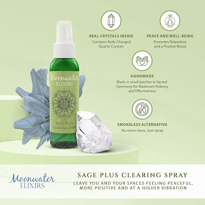 White Sage Smudge Spray for Spiritual Cleansing & Aura Protection, Sage Spray for Cleansing Negative Energy & Protection, Home & Meditation, Clear Quartz Reiki Treated Aromatherapy Room Spray 4 + 8