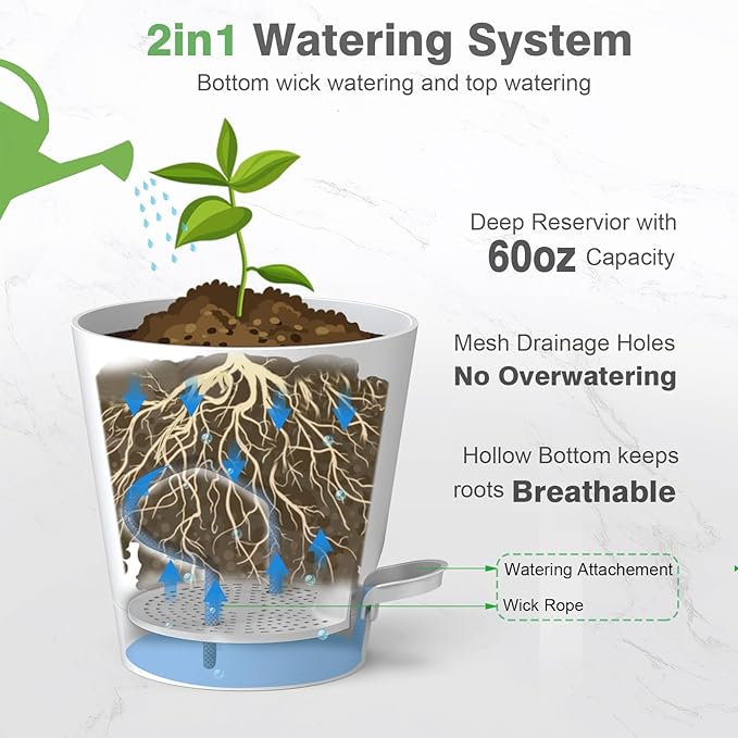 SwinDuck 12inch Large Self Watering Plant Pot, Plastic Cylinder Planter with 60Oz Deep Reservoir and Saucer for Indoor Outdoor Plants Flowers Houseplants, Green with Brown
