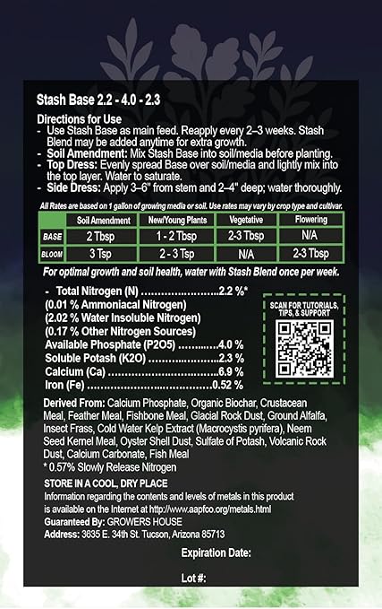 Stash Base Premium All-Natural Nutrient (2.2-4-2.3) – Vegetative Stage Soil Amendment & Fertilizer with Biochar, Crustacean Meal & Kelp – Boosts Root Growth & Stem Strength (42 lbs)