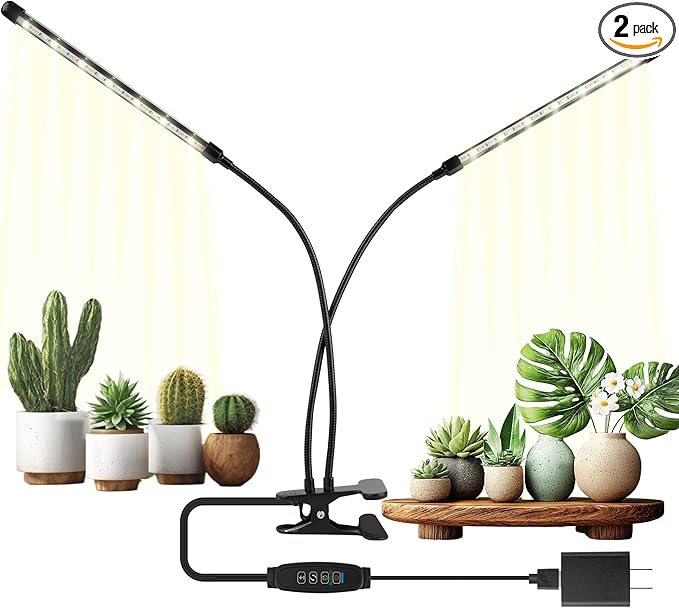 Dual Head Grow Lights for Indoor Plants, 40 LED Full Spectrum Plant Light with Clip & UL-Certified Adapter, 3 Light Modes & 5-Level Dimmable, 4/8/12H Auto Timer for Seedling, Succulents (2 Pack)