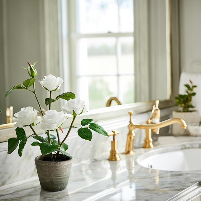 Rose in Pot Decor Potted Artificial Flowers Mini Plants Faux Flowers Indoor Small Decor Fake Roses for Home, Bathroom, Kitchen, Offices, Wedding Party Centerpieces (Rose White)