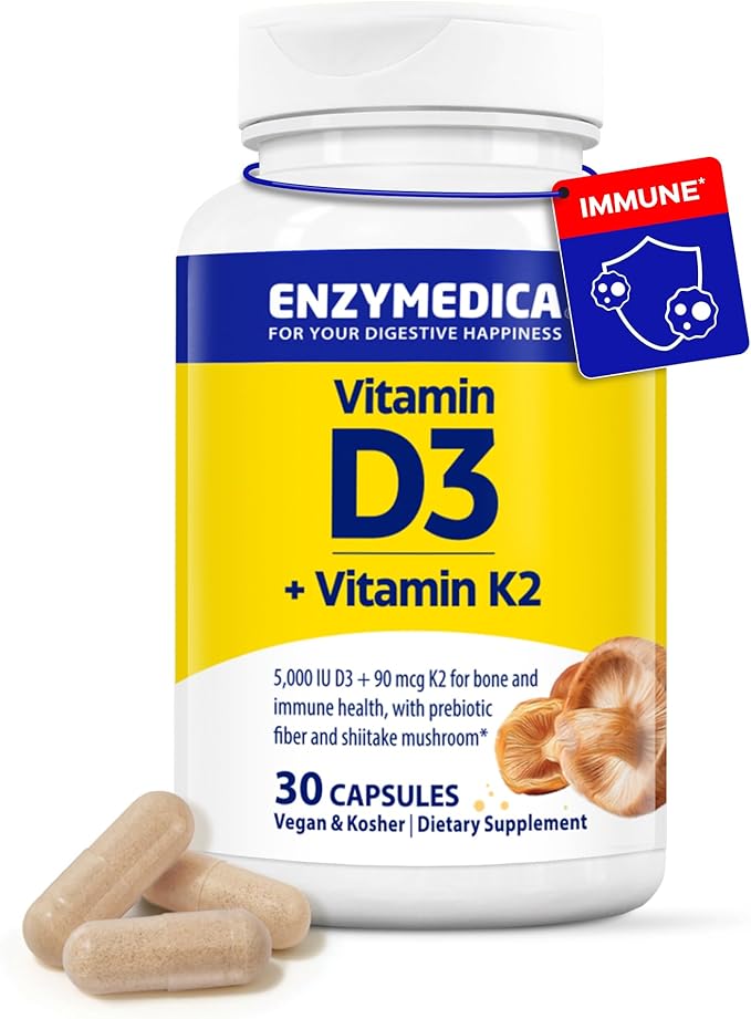 Enzymedica Vitamin D3 K2, 5000 IU Vegan D3 + 90 mcg MK-7, Plant-Based Supplement with Shiitake Mushroom & Prebiotic Fiber for Bone & Immune Support, 30 Capsules