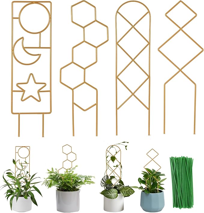 Wellsign Small Trellis for Potted Plants, 15.94 inch Gold Metal Plant Trellis for Climbing Plants Indoor, Pant Lattice for Ivy Vines Hoya Houseplants Flower 4 Pack