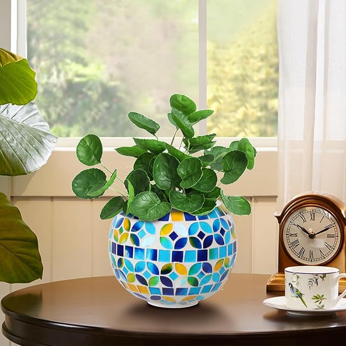 Ceramic Hanging Planter Mosaic Hanging Flower Pot Small Plant Pot for Indoor Plant Garden Decor Disco Ball Planter with Drainage Square Blue