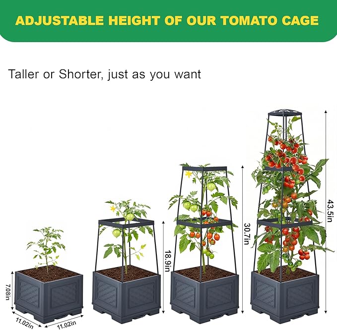Raised Garden Bed, Tomato Cages for Garden, Tomato Cage, Raised Garden Beds Outdoor, Planter Box with Trellis, 44.8" Self-Watering Tomato Planter for Climbing Plants Vegetables Flowers(With Wheels)