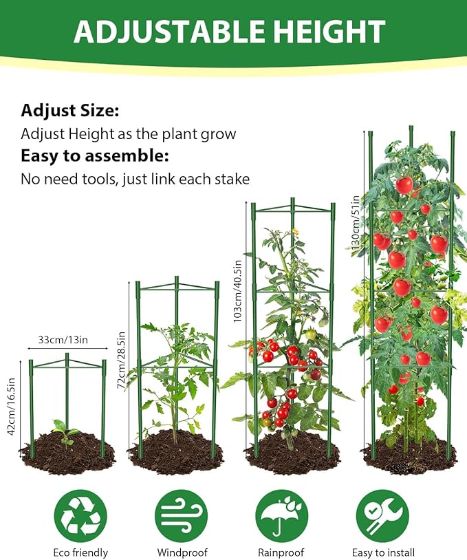 MYMULIKE 3 Pack Tomato Cages for Garden, 51in*13in Adjustable Tomatoes Plant Stakes Support Cages Trellis, Garden Trellis for Vegetable Flowers Fruits Climbing Plants- 20 Binding Wires Included