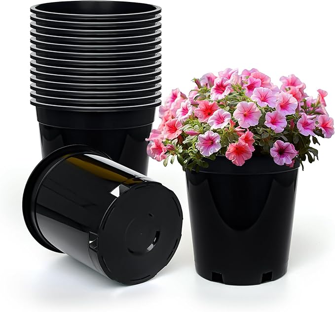 RooTrimmer 1.5 Gallon Plastic Nursery Pots, 7.5 Inch Round Plant Pots with Drainage Holes, 15 Pack Flower Pots for Outdoor Indoor Plants, Flowers, Gardening Gifts for Women, Black