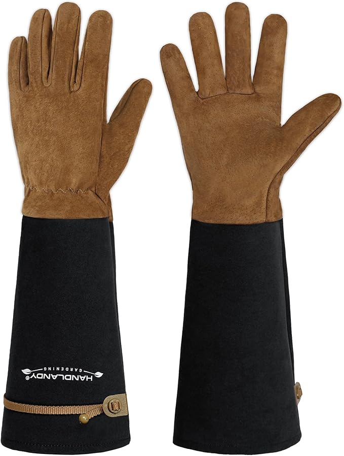 HANDLANDY Long Gardening Gloves for Men & Women, Pigskin Leather Rose Pruning Gloves, Breathable Thorn Proof Gauntlet Glove (Coffee Brown, L)