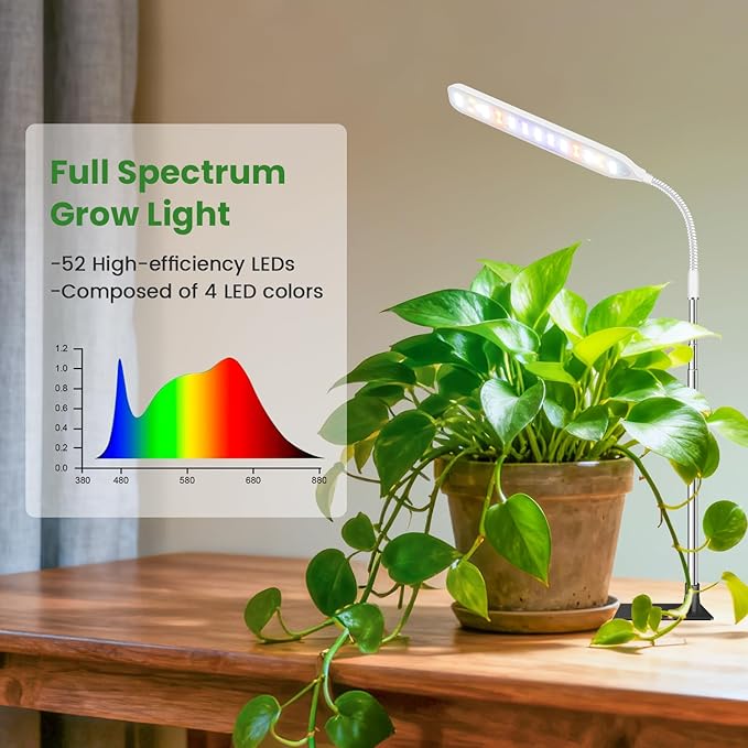 Wolezek Grow Lights for Indoor Plants, 52 LEDs Full Spectrum Plant Grow Light with Base, Height Adjustable Grow Lamp with Auto Timer 6/12/16H, 5 Dimmable Brightness, for Small Plants, White, 1-Pack