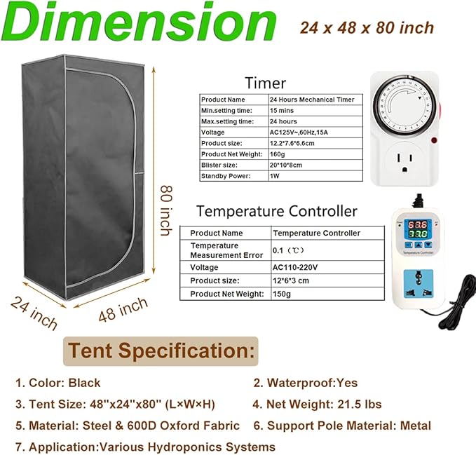 iMeshbean Grow Tent 48"x24"x80" Complete Grow Tent Kit Indoor Plant Growing Room LED Full Spectrum Grow Light Hydroponics Growing System Ventilation Inline Fan + Acceseries