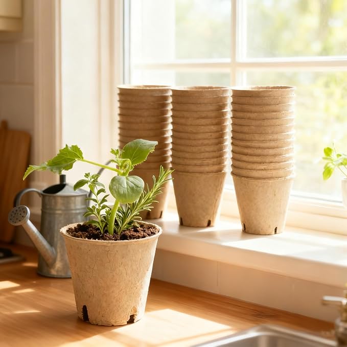 Peat Pots 150 Pack with 100 Plant Labels, 3.15 Inch Biodegradable Seedling Nursery Pots with Drainage Holes