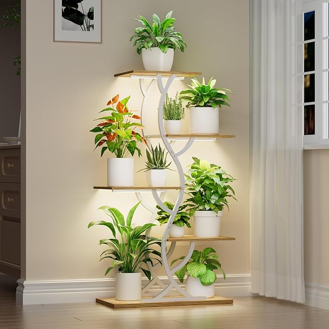 Plant Stand Indoor with Grow Lights - 44" Tall Corner Plant Stands for Indoor Plants, 5 Tiered Metal Plant Shelf, Curved Plant Flower Holder Dispaly Rack for Living Room, Home Patio Balcony (White)