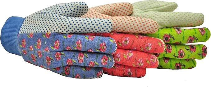 Women's Gardening Gloves, Soft Cotton Jersey, Floral Print, PVC Dot Grip, Comfortable & Durable Multi color Green, Red, Blue