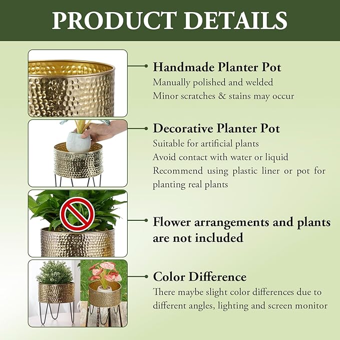 MyGift Modern Brass Tone Metal Planter Pots with Pebbled Texture, Hammered Plant Containers with Matte Black Wire Stands, 2 Piece Set, 8 and 10 Inch - Handcrafted in India
