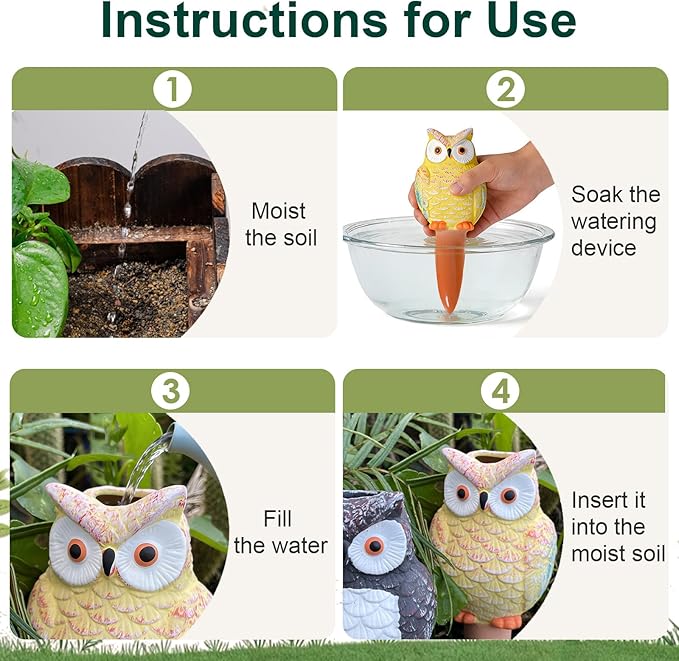 MCleanPin 4 Pack Self Watering Spikes and Globes, Handmade Terracotta Owl Self-Watering Plant Devices with Slow Release System, Automatic Water Bulbs for Indoor and Outdoor Garden Pots Vacation
