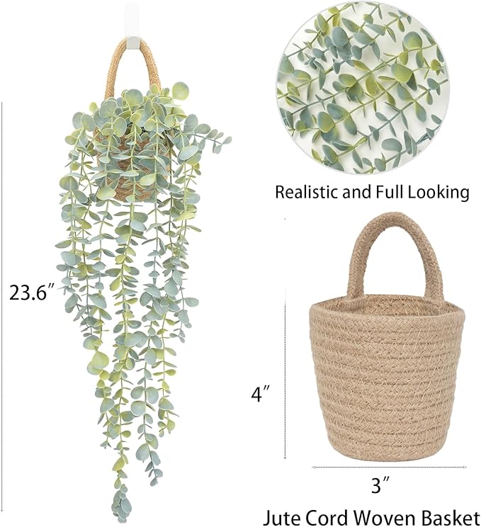 Fake Hanging Plant Decor Indoor, Eucalyptus Artificial Faux Plants in Wall Woven Planters, Jute Hanger with Black Pot Soft Green 2PCS 23Inch Long