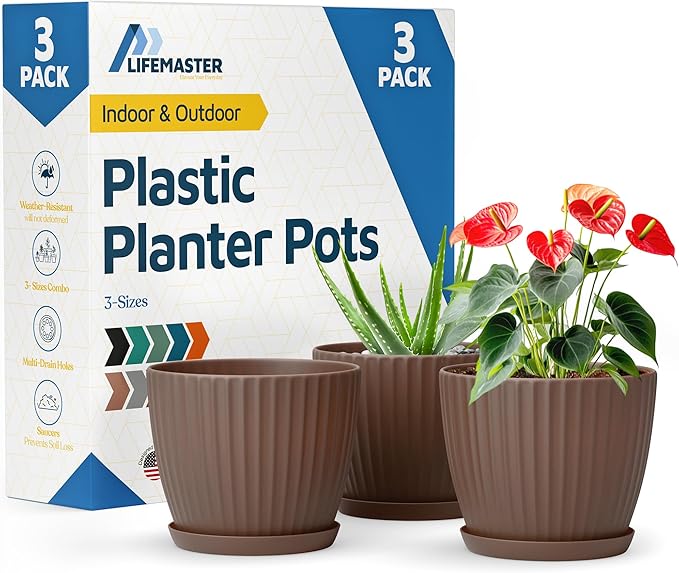 Brown 6-Inch Plant Pots with Drainage & Saucers 3 Pack, Indoor & Outdoor Planters for Houseplants, Herbs, and Flowers, Durable & Weatherproof Material, Stackable, Lightweight, Minimalist Design