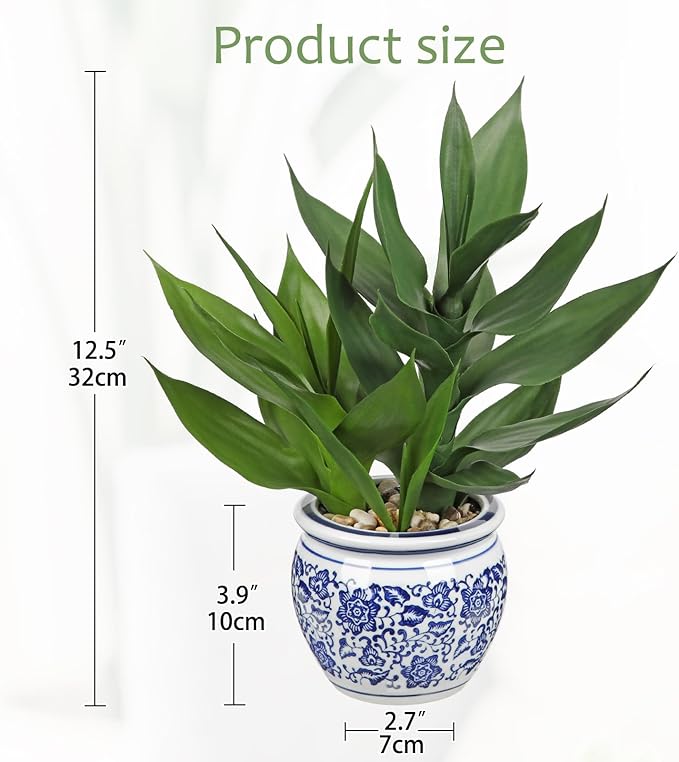 Artificial Potted Plants Indoor Home Decor 12.5" Tall Fake Lucky Bamboo Plant in Blue and White Ceramic Pot Faux Potted Plants Indoor Houseplant for Home Tabletop, Office Desk, Shelf, Zen Room
