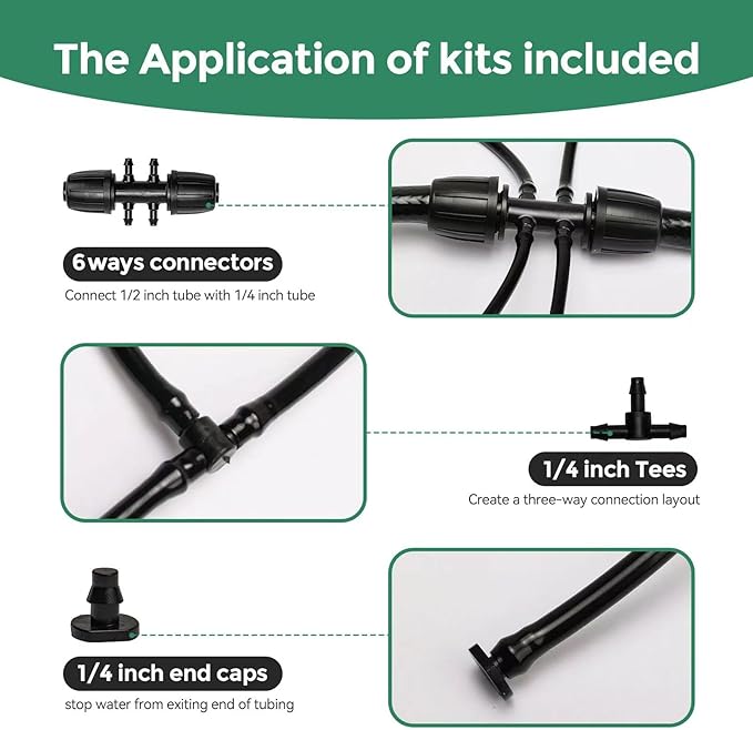 Maotong 100FT 1/4 inch Drip Irrigation Tubing Distribution Hose Tube for Garden Irrigation System (Includes 1 pack 6-Way Connector and 20pcs 1/4" Tee Splitters and End Plugs)
