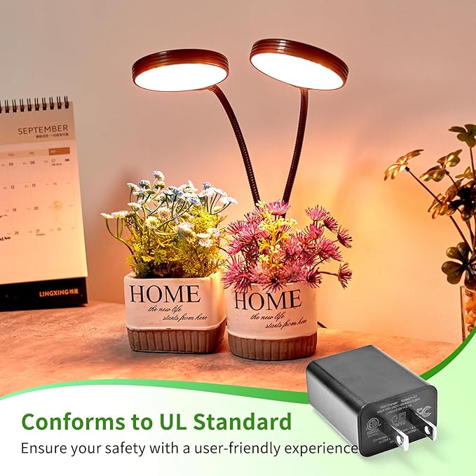 Clip on Grow Lights for Indoor Plants, Full Spectrum Plant Grow Lights, 2 Head Growing Lamp with Timer, 3 Dimmable Brightness Levels, Low Safe Voltage, Perfect for Small Plants
