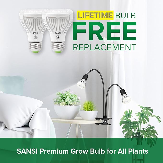 SANSI LED Grow Lights for Indoor Plants 1-Pack + 10W Grow Bulbs 2-Pack, Lifetime Free Bulb Replacement, 300W Full Spectrum Dual Gooseneck Clip Plant Grow Light, Plant Light with Timer 4/8/12 Hrs