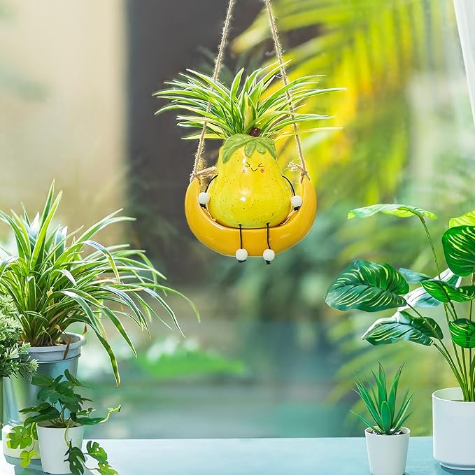 Cute Hanging Planter Pot for Indoor - Swing Smiley Planter for Outdoor Plants - Ceramic Succulent Plant Pot with Face